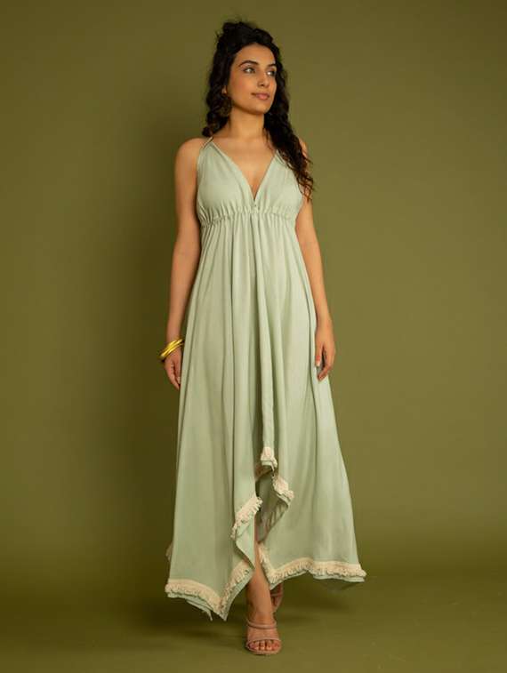 women green solid with work a-line dress
