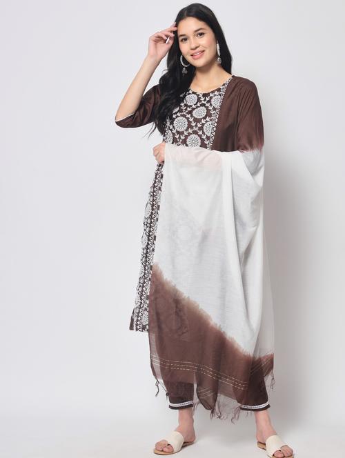 brown three quarter sleeve kurta pant set - 20809499 - Standard Image - 0
