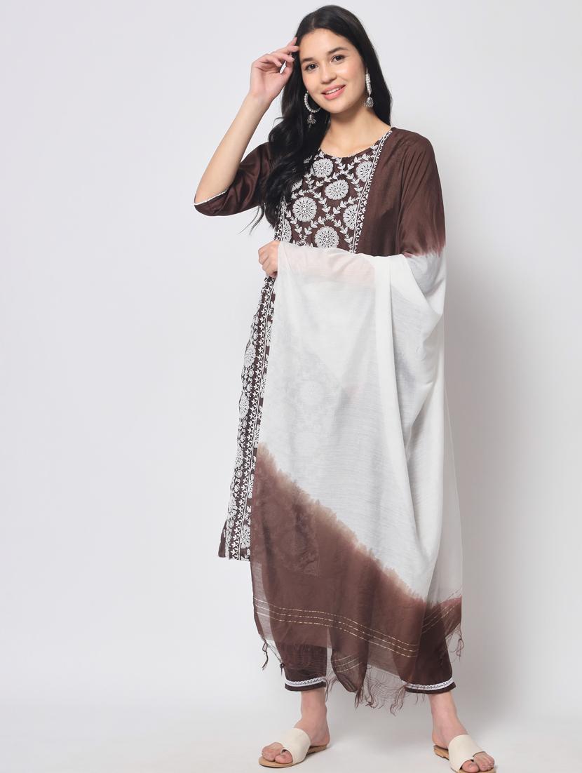 brown three quarter sleeve kurta pant set - 20809499 - Zoom Image - 0