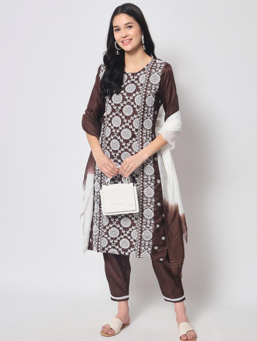 brown three quarter sleeve kurta pant set - 20809499 - Standard Image - 3