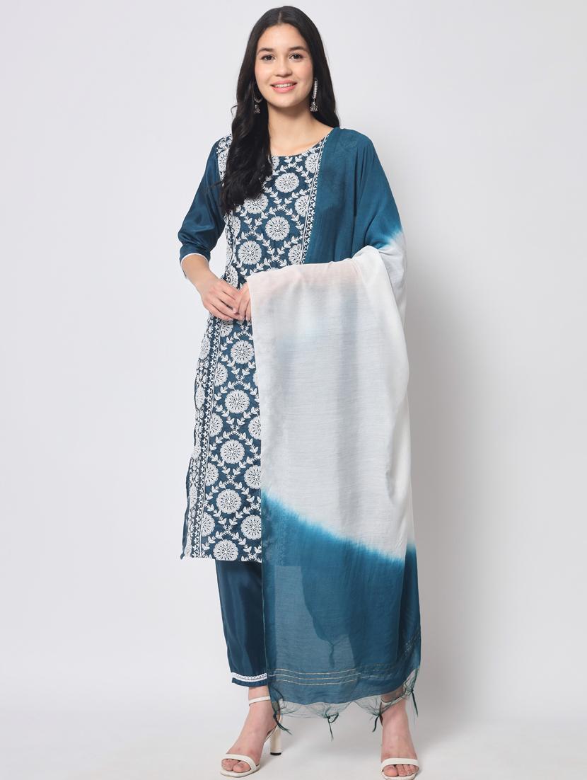 teal three quarter sleeve kurta pant set - 20809502 -  Zoom Image - 0