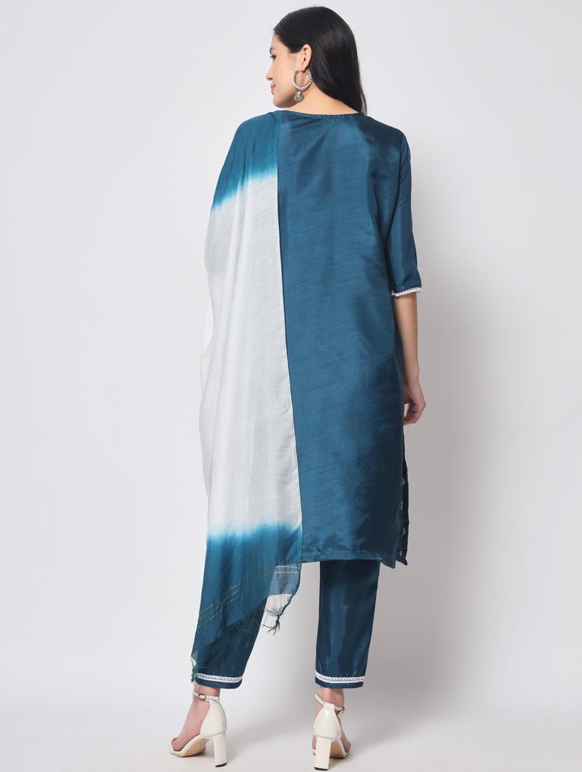 teal three quarter sleeve kurta pant set - 20809502 - Standard Image - 3
