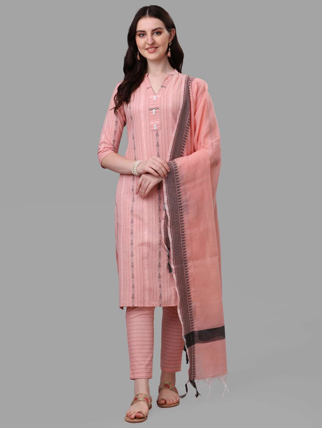 women peach mandarin neck kurta pant set - 20809538 - Zoom Image - 0
