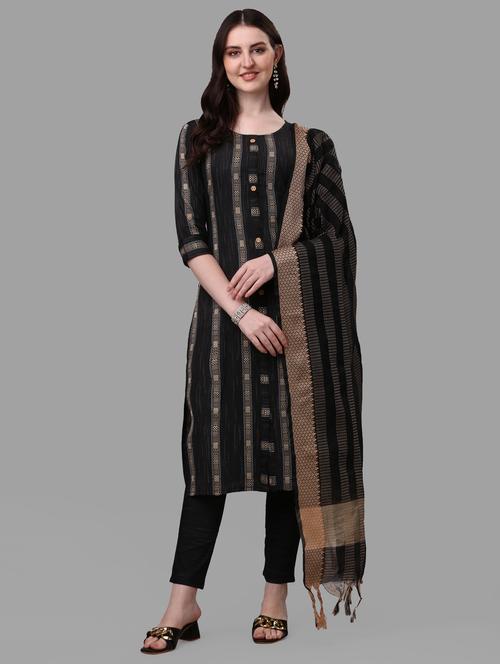 black three quarter sleeve kurta pant set - 20809541 -  Standard Image - 0
