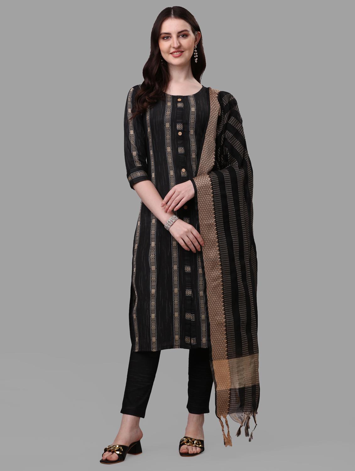 black three quarter sleeve kurta pant set - 20809541 -  Zoom Image - 0