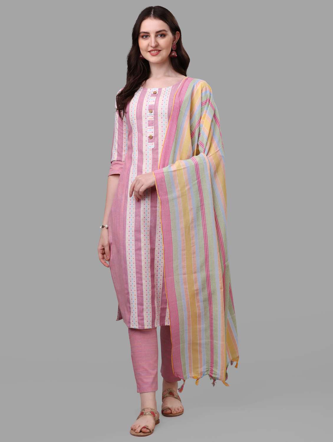 pink striped printed detailed kurta & pant set - 20809547 - Zoom Image - 0