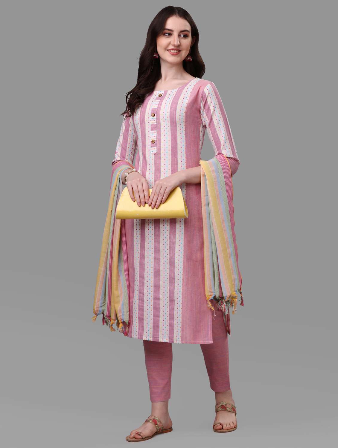 pink striped printed detailed kurta & pant set - 20809547 - Standard Image - 5
