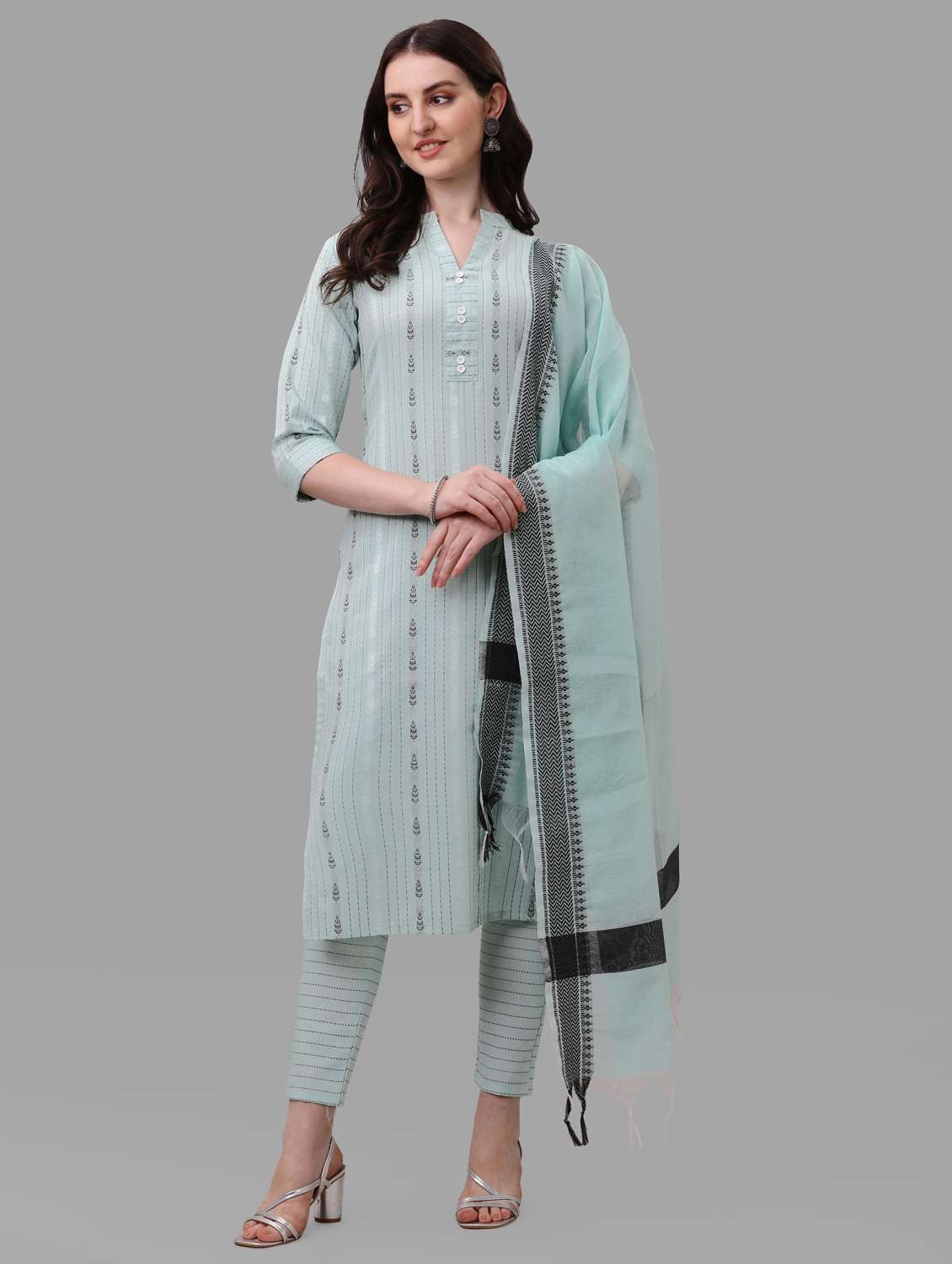 light blue three quarter sleeve kurta pant set - 20809551 -  Zoom Image - 0