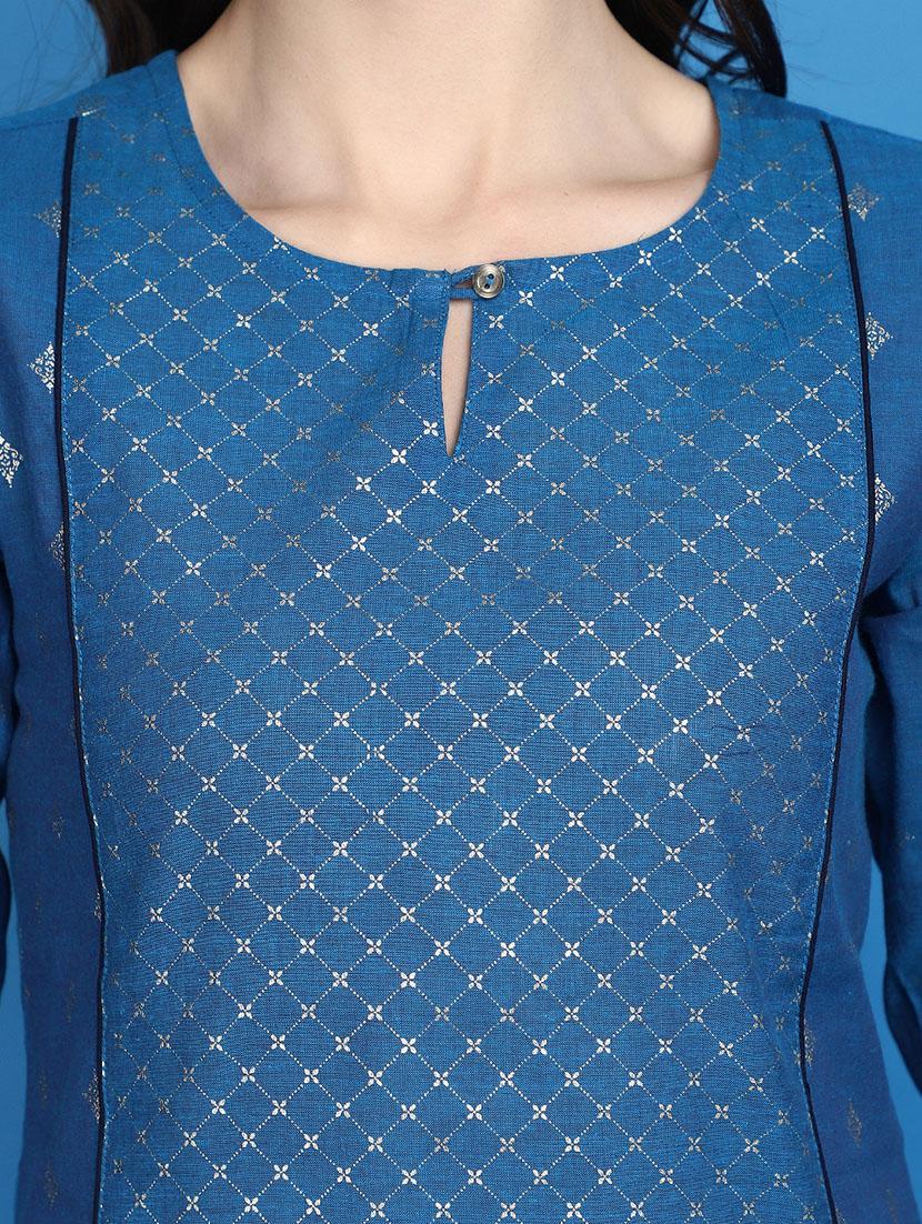 women blue key hole neck a-line kurta - 20809748 - Standard Image - 5