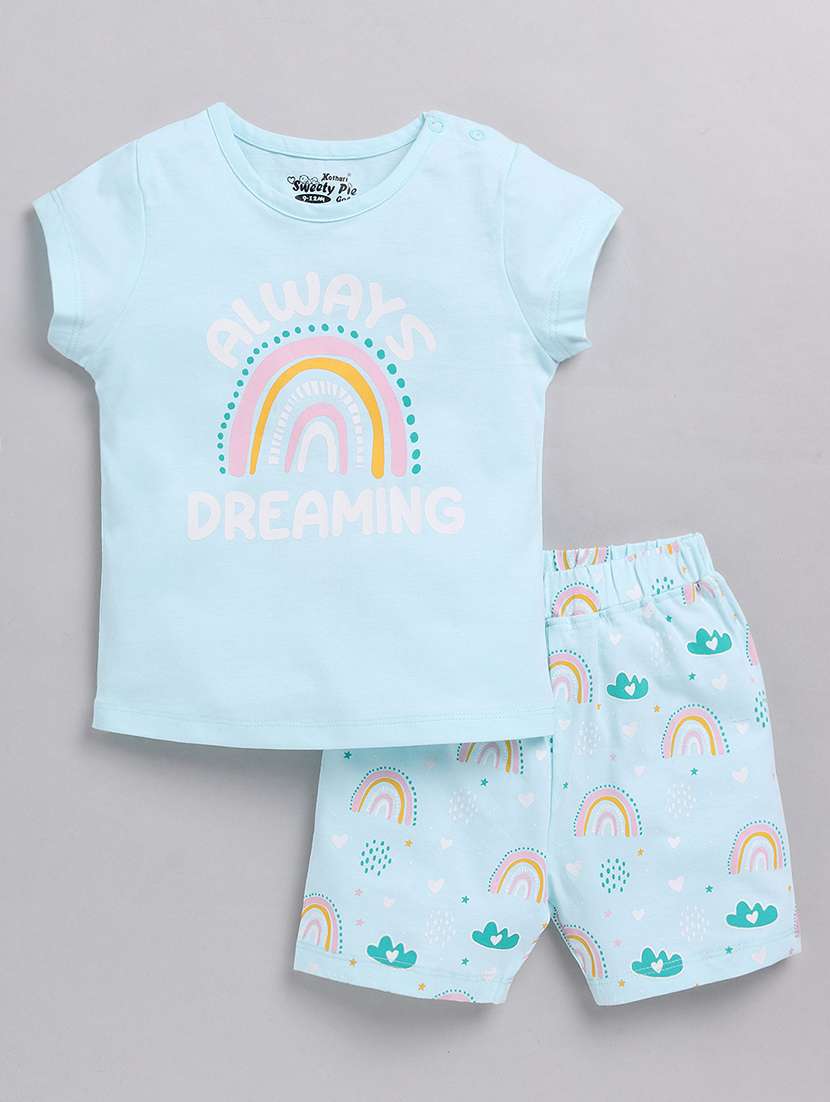 light blue printed cotton blend shorts nightwear set