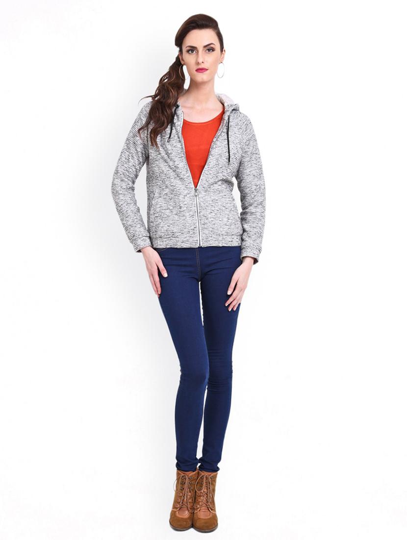 women grey melange solid hoodie jacket - 20810313 - Standard Image - 3
