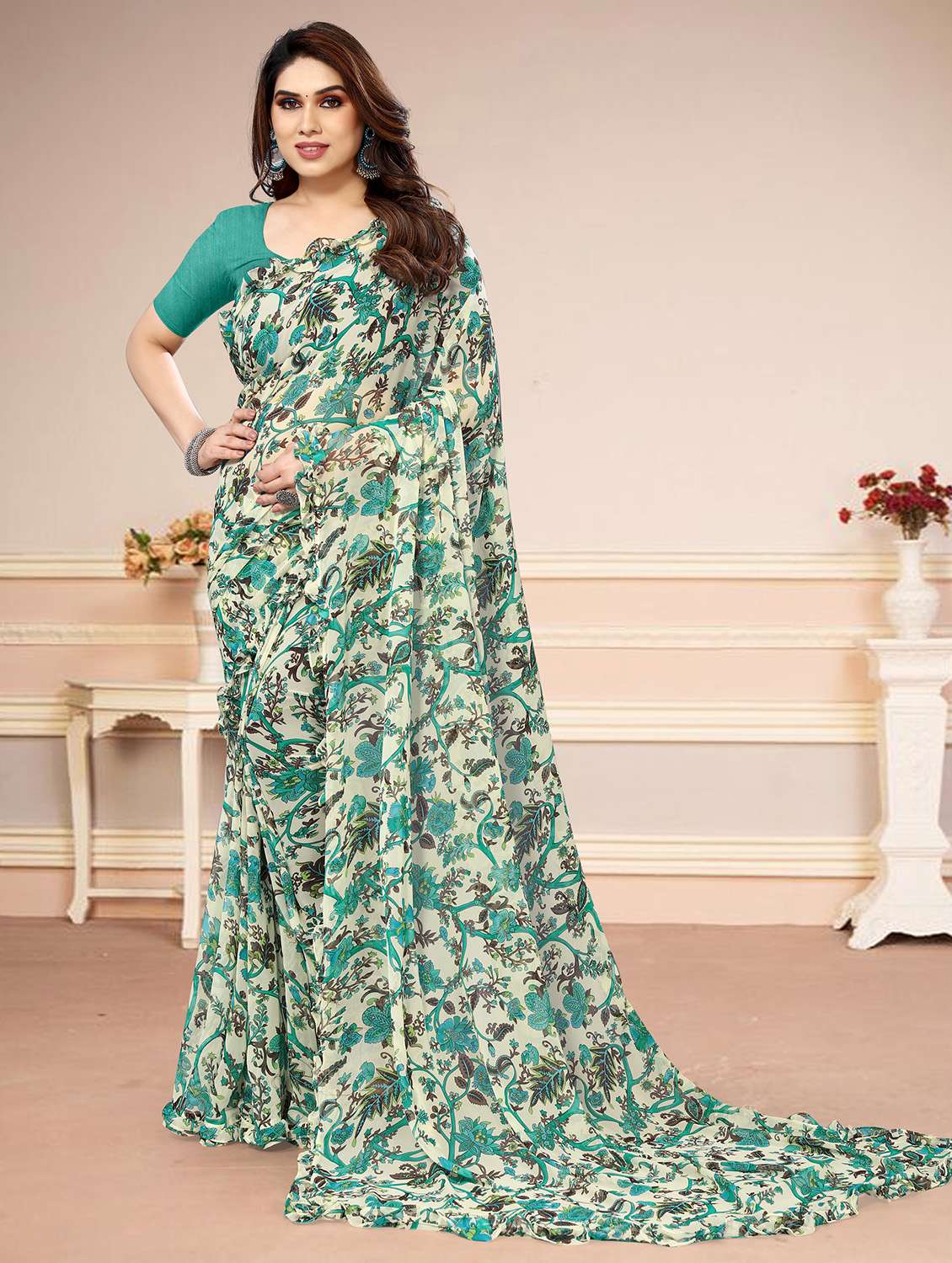 women white floral printed saree with blouse