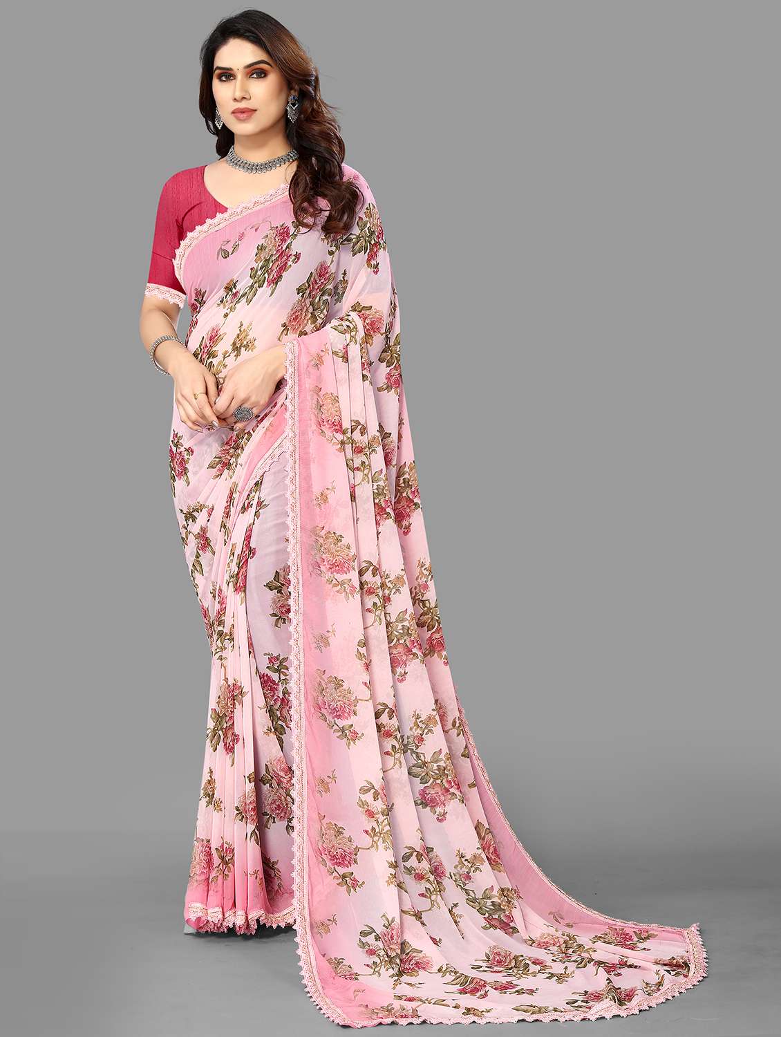 women rosewater floral printed saree with blouse