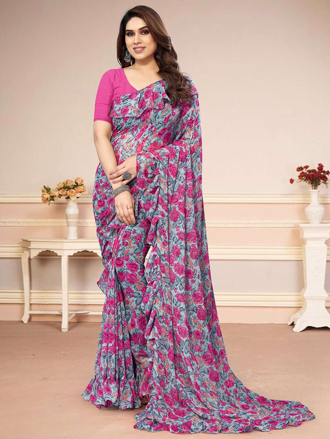 women floral printed ruffle saree with blouse