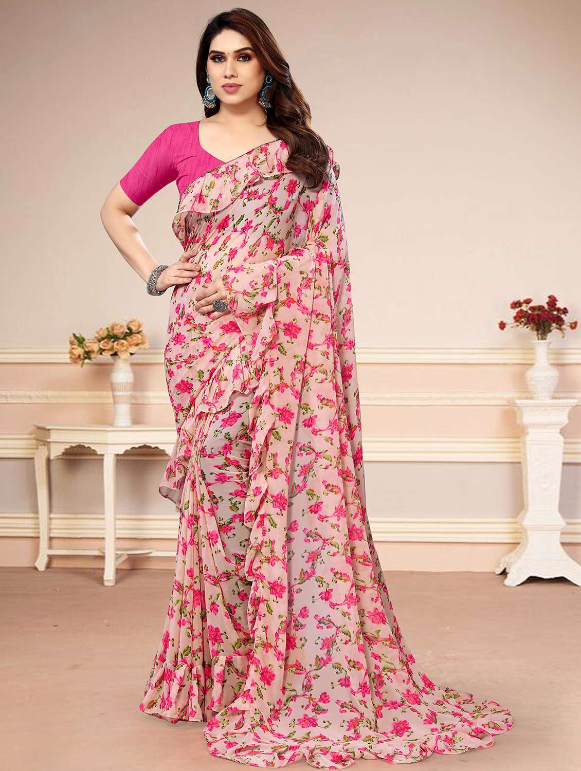 women floral printed ruffle saree with blouse