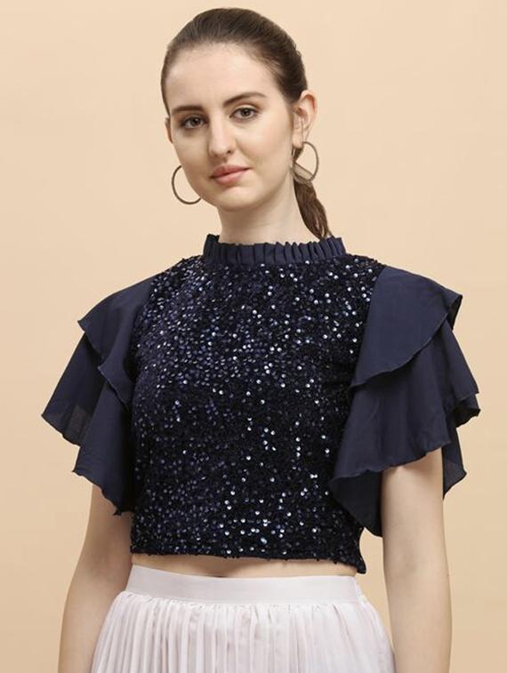 women navy blue self-designed crop top - 20811083 -  Zoom Image - 0