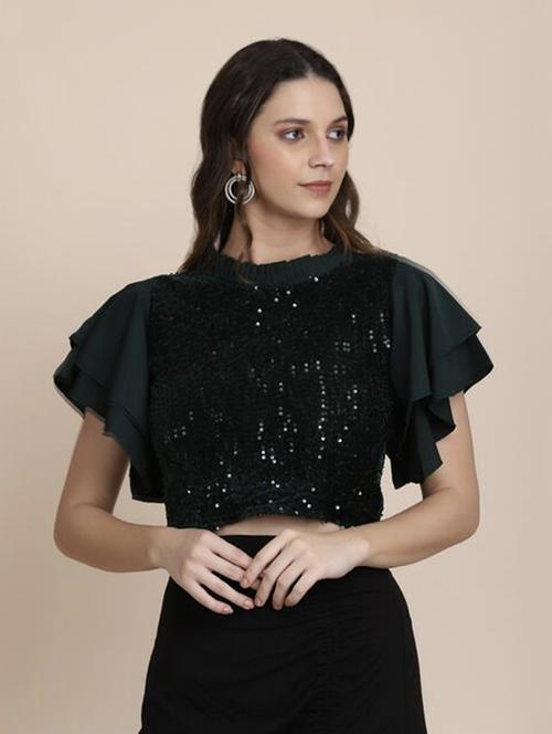 bottle green sequins detailed crop top - 20811087 -  Standard Image - 0