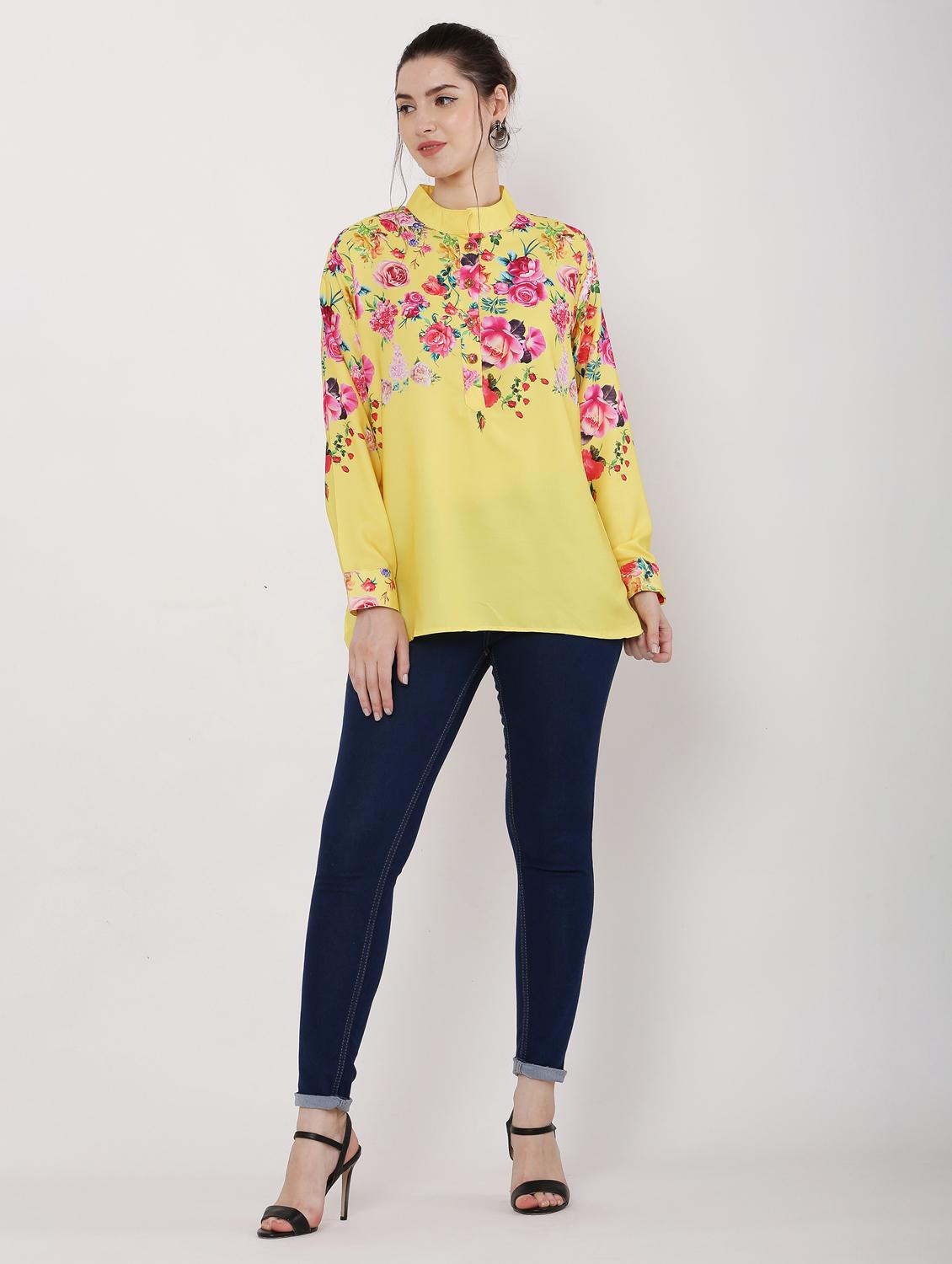 yellow floral printed regular top - 20811197 - Standard Image - 3
