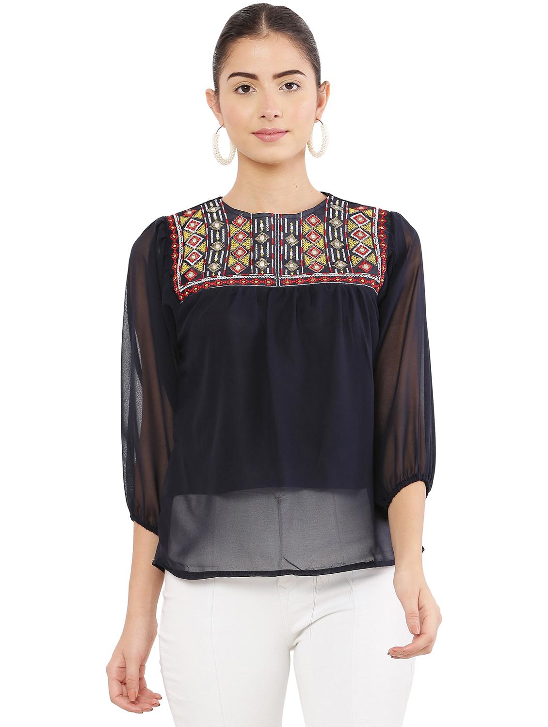 navy blue embroidered detailed regular top - 20811205 -  Zoom Image - 0