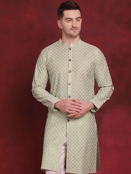 olive pure silk embroidered long kurta - 20811843 -  Standard Image - 0