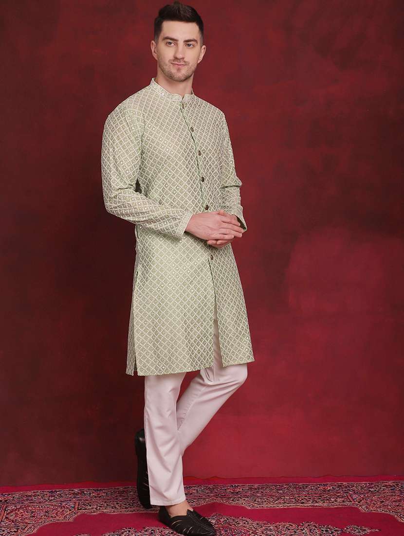 olive pure silk embroidered long kurta - 20811843 -  Standard Image - 3