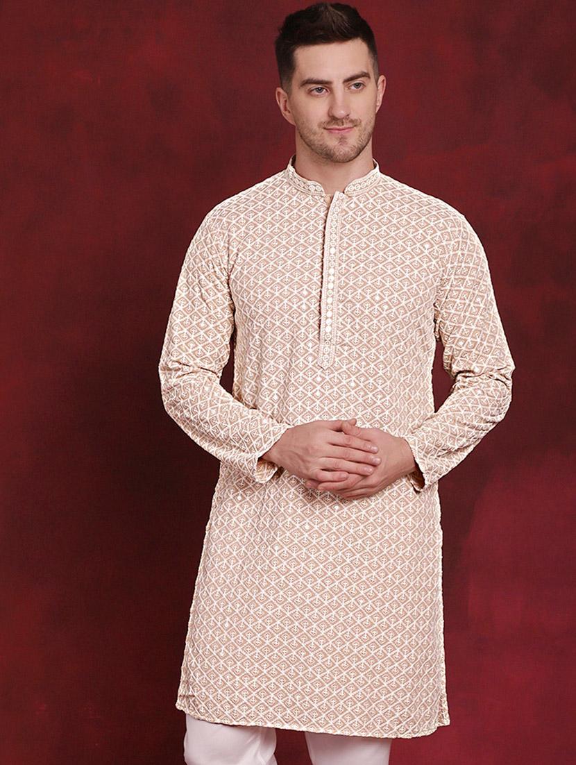 men solid with work mandarin neck long kurta - 20811845 - Zoom Image - 0