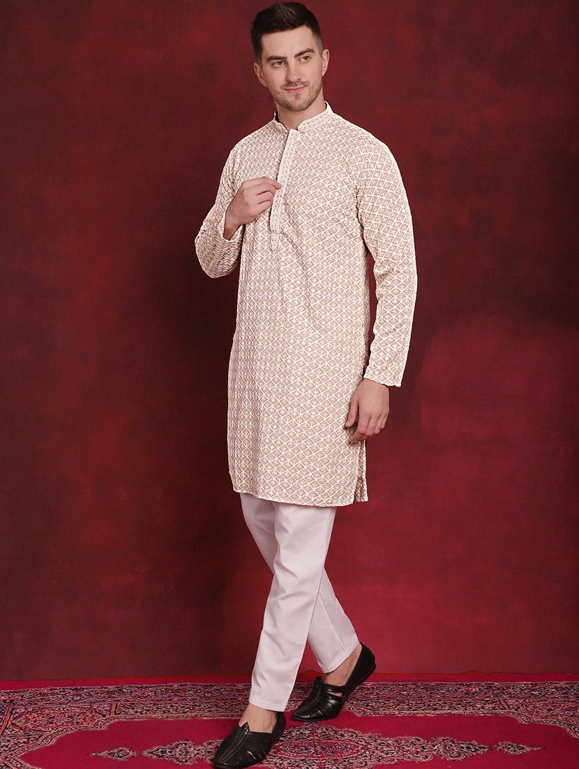 men solid with work mandarin neck long kurta - 20811845 - Standard Image - 3