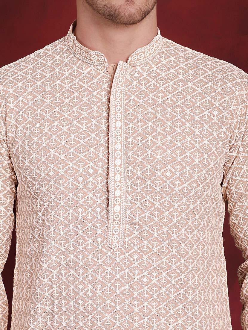 men solid with work mandarin neck long kurta - 20811845 - Standard Image - 5