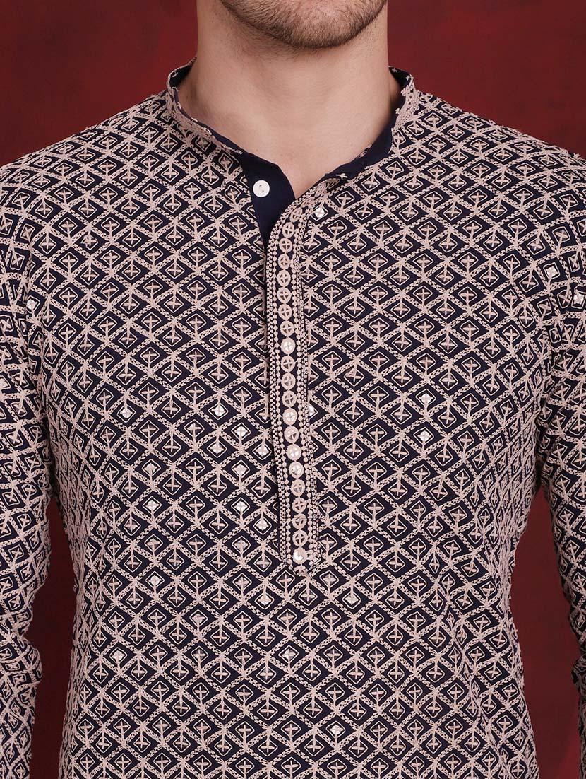 men solid with work mandarin neck long kurta - 20811846 - Standard Image - 5