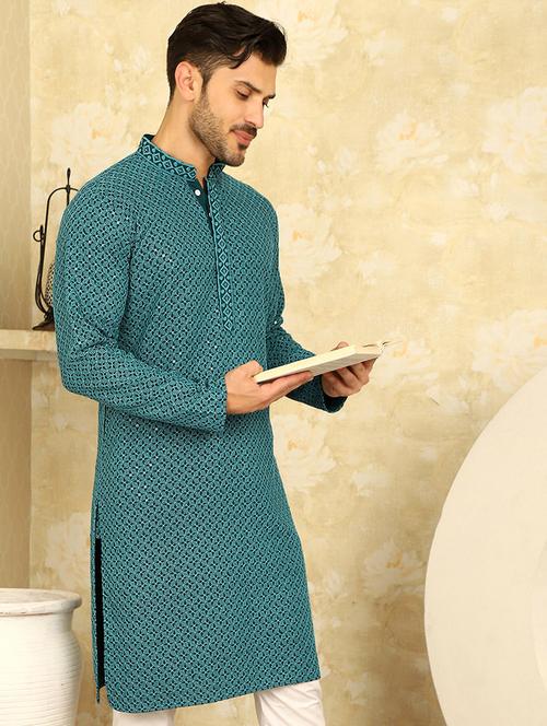 teal viscose long kurta - 20811861 - Standard Image - 0