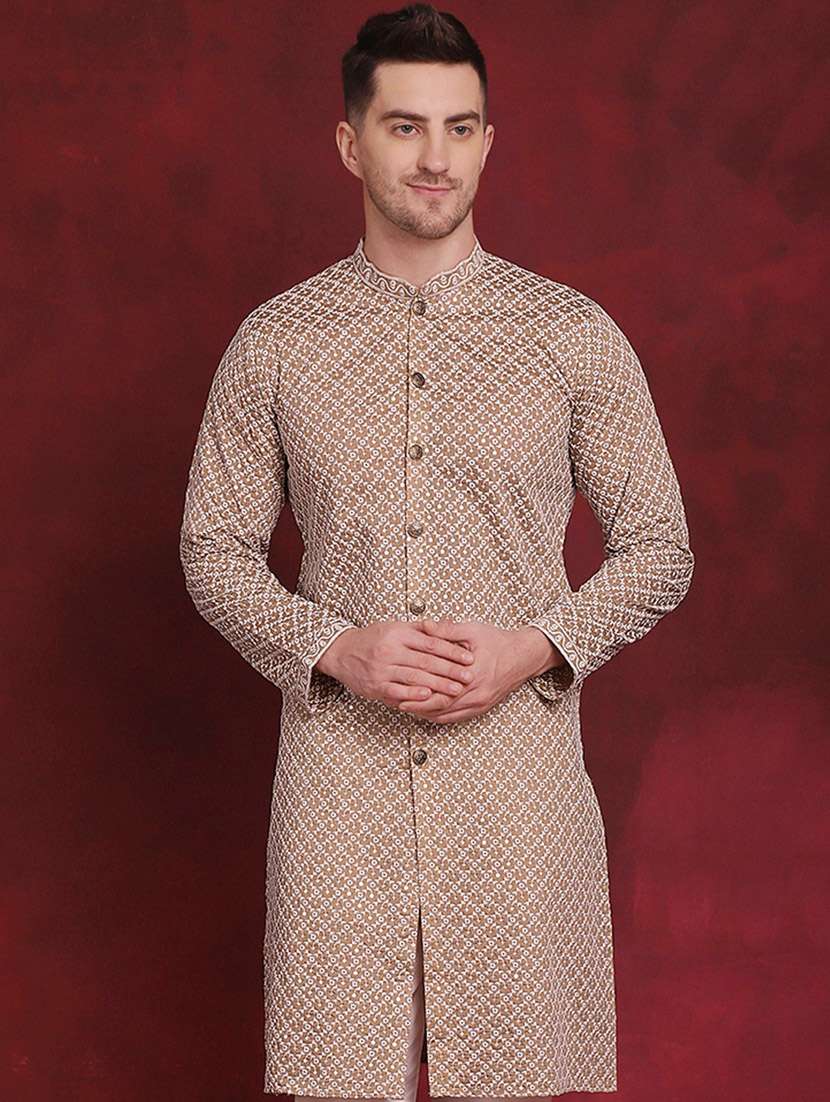 men mandarin neck embroidered long kurta