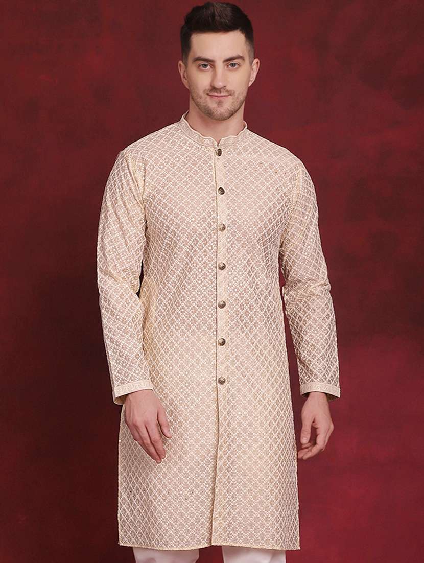men mandarin neck embroidered long kurta