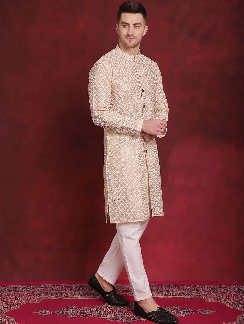 men mandarin neck embroidered long kurta - 20811864 -  Standard Image - 3