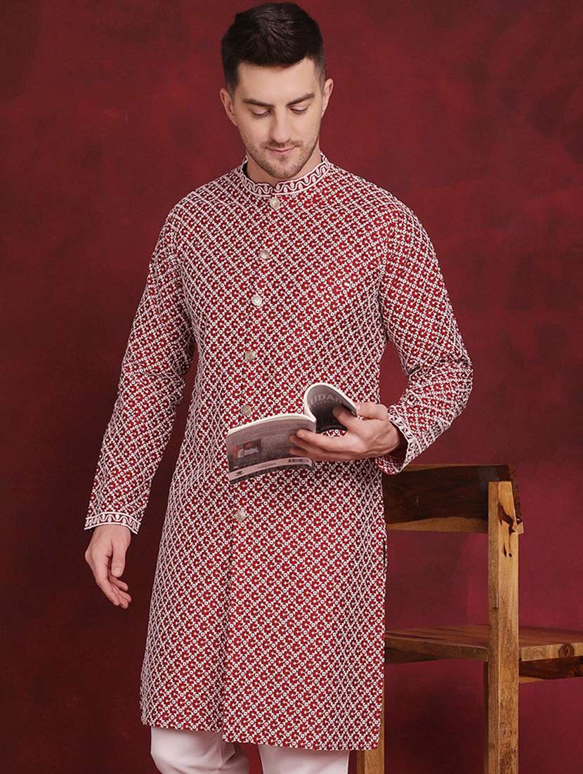 men mandarin neck embroidered long kurta
