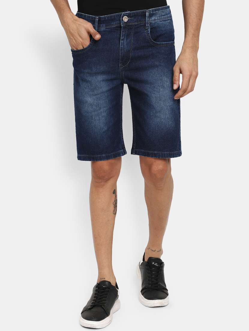 men mid-rise navy-blue denim short