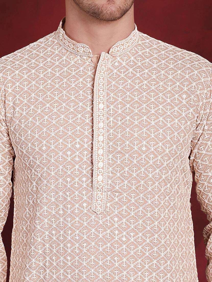 beige embroidered cotton kurta pyjama ethnic wear set - 20814643 -  Standard Image - 5