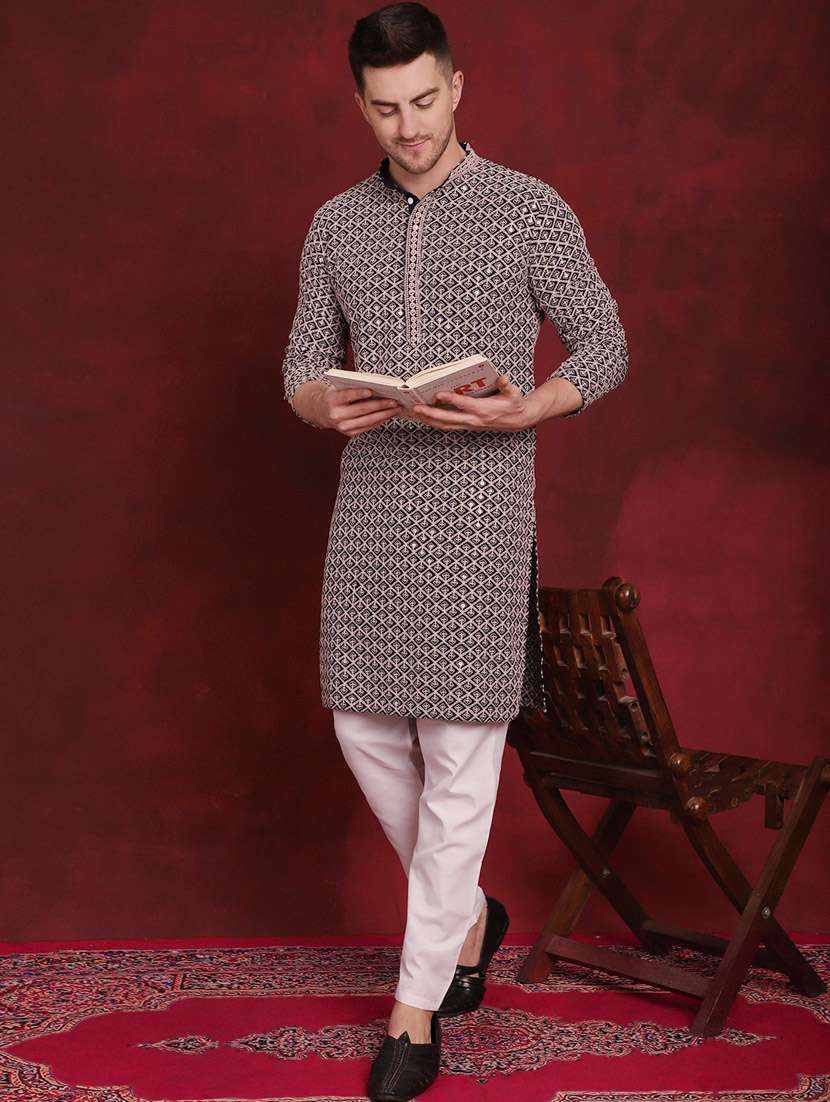 navy blue embroidered cotton kurta pyjama ethnic wear set