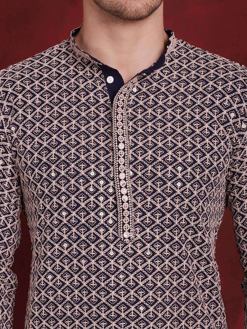 navy blue embroidered cotton kurta pyjama ethnic wear set - 20814644 -  Standard Image - 5