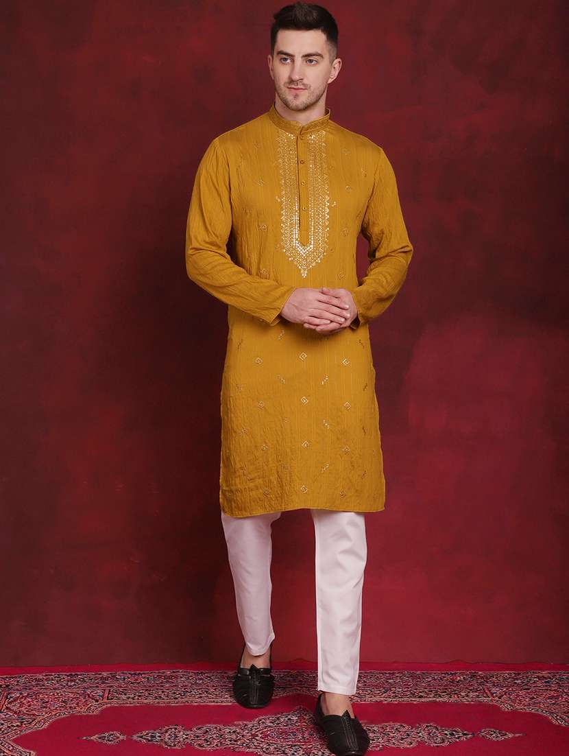 mustard self design sequined kurta & pyjama set