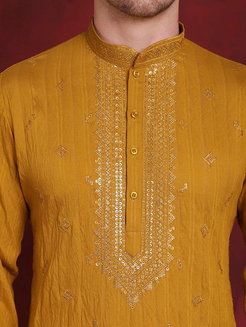 mustard self design sequined kurta & pyjama set - 20814656 -  Standard Image - 5