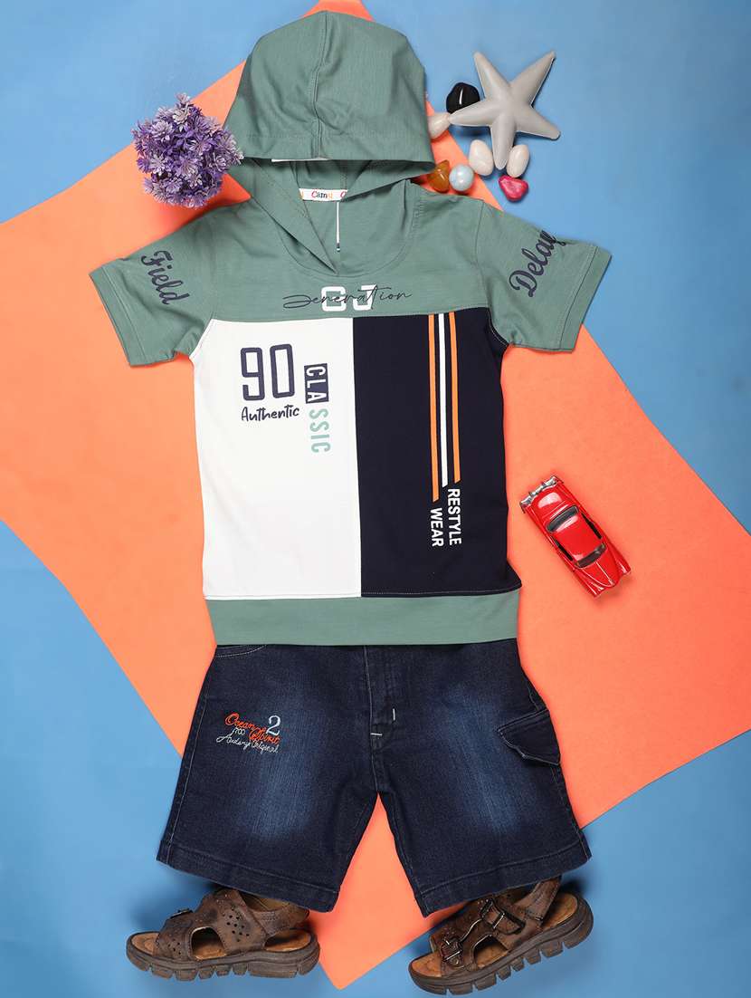 green typography printed shorts set