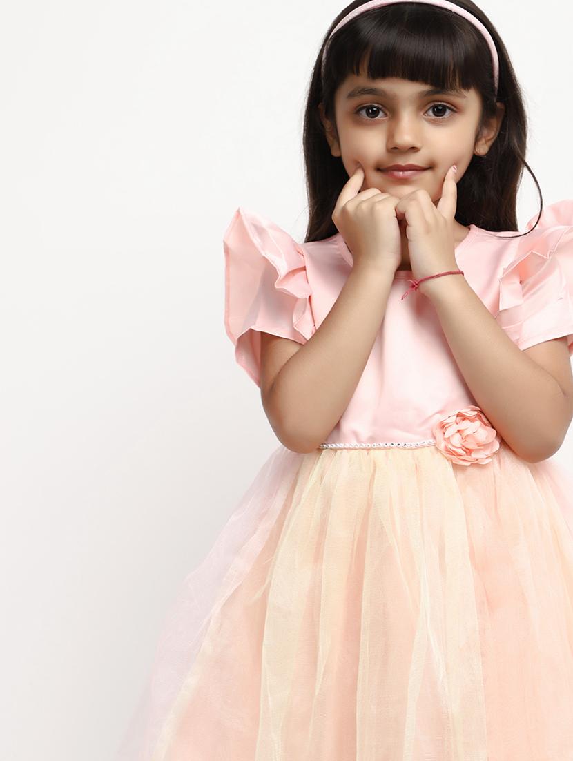 girls peach self design frock - 20815481 - Standard Image - 3