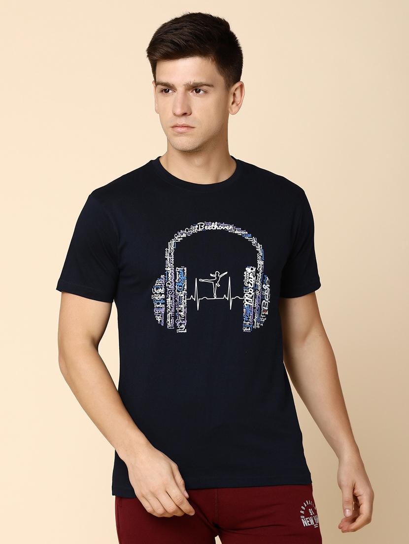 navy blue cotton chest print t-shirt - 20816066 - Zoom Image - 0