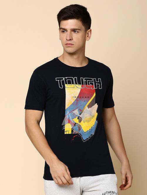 navy blue cotton front print t-shirt - 20816068 - Standard Image - 0