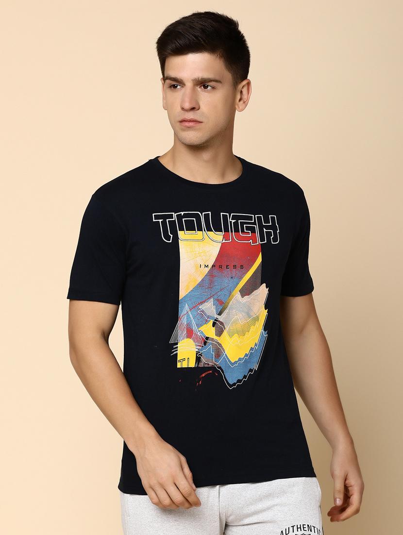 navy blue cotton front print t-shirt - 20816068 - Zoom Image - 0