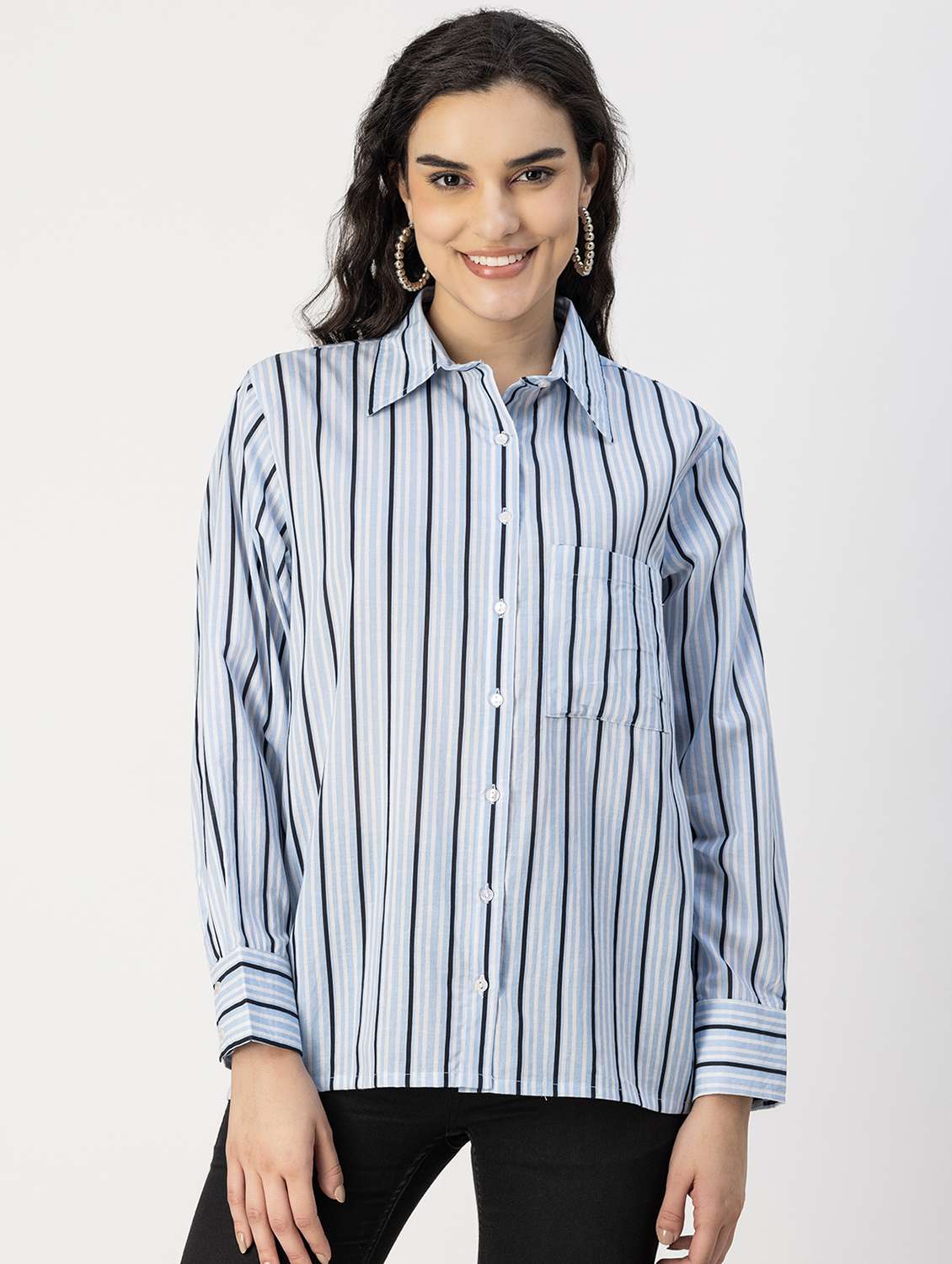 light blue cotton striped shirt - 20817203 -  Zoom Image - 0