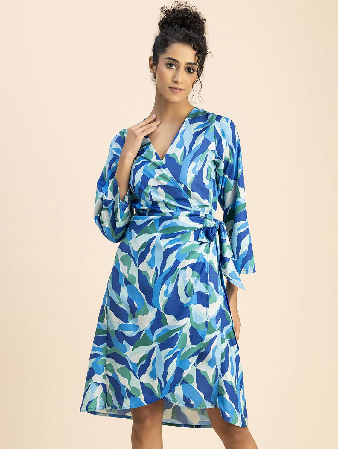 women blue printed wrap dress