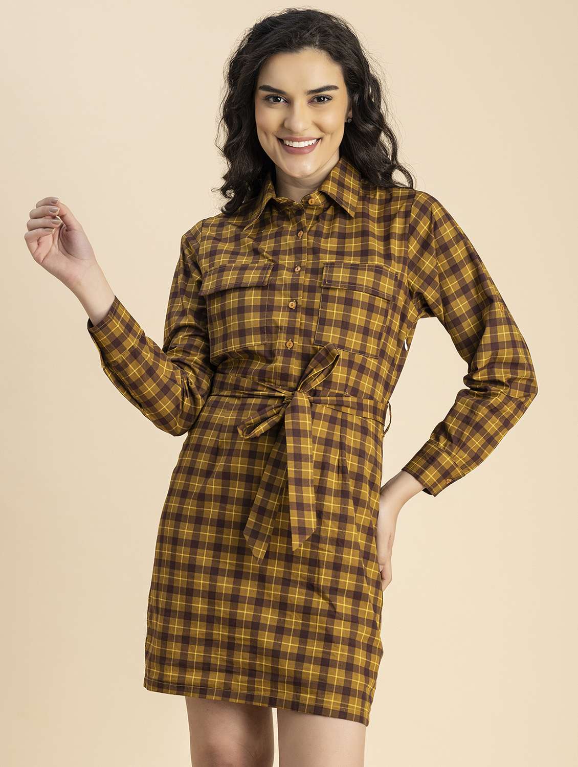 women brown check printed sheath dress