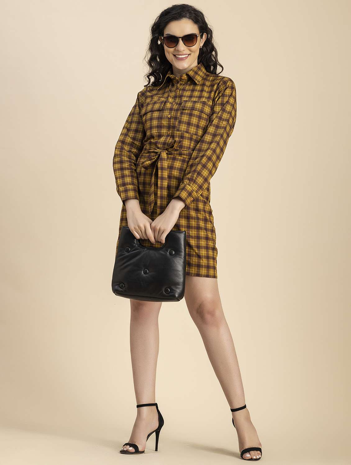 women brown check printed sheath dress - 20817229 -  Standard Image - 3