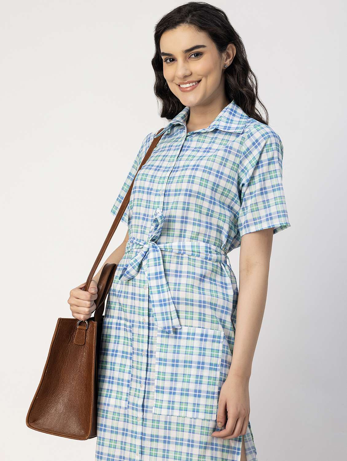 women blue check printed shirt dress - 20817236 -  Standard Image - 3